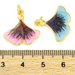 真鍮製エナメルペンダント  カドミウムフリー＆鉛フリー  グリッターとジャンプリング付き  長持ちメッキ  18KGP本金メッキ  イチョウの葉のチャーム  ミックスカラー  18.5x18.5x2.5mm  穴：3.5mm&nbsp;KK-S401-12G