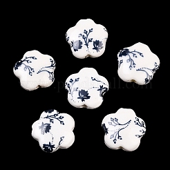 花柄プリントの磁器ビーズ  花柄のセラミックビーズ  花  マリンブルー  14x15x6mm  穴：3mm&nbsp;X-PORC-Q166-1