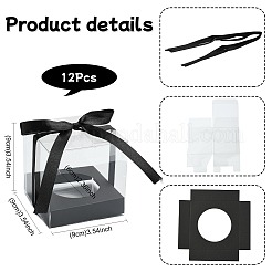 四角いペット＆紙製ベーカリーボックス  ケーキ保存容器用のポリエステルリボン付き  ブラック  90x90x90mm&nbsp;CON-FZC0002-004A