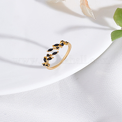 女性用真鍮マイクロパヴェキュービックジルコニアカフリング1個  葉  ゴールド  ブラック  内径：17.5mm&nbsp;RJEW-LP0002-23B