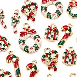 60個6スタイルライトゴールドクリスマステーマアロイエナメルペンダント  ちょう結びとキャンディケインのクリスマスリース  ミックスカラー  10個/スタイル&nbsp;ENAM-LS0001-58