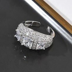 女性用真鍮マイクロパヴェキュービックジルコニアカフオープンリング  長持ちメッキ  ラックめっき  プラチナ  透明  12.5mm  usサイズ8 1/2(18.5mm)&nbsp;RJEW-L343-13P-03