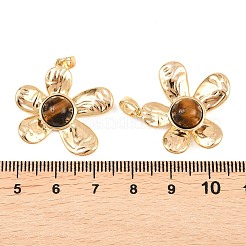 天然石タイガーアイペンダント  真鍮製の花のチャーム  18KGP本金メッキ  24x25.5x6.5mm  穴：4x2.5mm&nbsp;KK-H538-14G