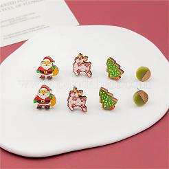 サンタクロース&鹿&クリスマスツリープリントウッドスタッドピアス4組  フラットラウンドウッド＆レジンイヤリング  ミックスカラー  16~17x10~17mm&nbsp;EJEW-OY001-05