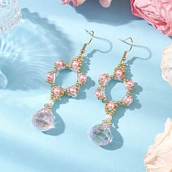 ガラスダングルピアス  アクリル模造真珠ビーズと304ステンレススチールのイヤリングワイヤー付き  花  ピンク  71x23mm&nbsp;EJEW-MZ00255-01