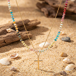 Stainless Steel Religion Cross Pendant Colorful Natural Gemstone Rondelle Beaded Double Layer Necklaces for Women&nbsp;CO5137