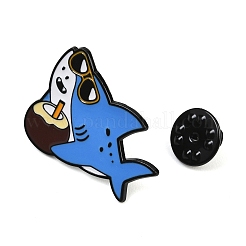海洋生物のエナメルピン  バックパックや衣類用の黒色合金製ラペルピンバック  サングラスとココナッツをつけたサメ  26x31.5mm&nbsp;AL-CBA2F61-01F