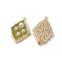 エナメルチャーム  真鍮パーツとアクリルパール  18KGP本金メッキ  菱形  オリーブ  19.5x12.3x4mm  穴：1mm&nbsp;KK-G377-04A-02