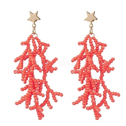 Star with Coral Handmade Glass Seed Beads Tassel Stud Earrings&nbsp;EJEW-MZ00472