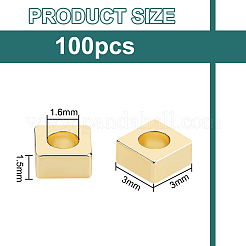 真鍮製スペーサービーズ100個  長持ちメッキ  正方形  14KGP本金メッキ  3x3x1.5mm  穴：1.6mm&nbsp;KK-BC0012-54B