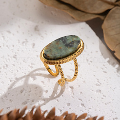 304 Stainless Steel with Natural Gemstone Cuff Open Rings for Women&nbsp;LS-FS3382