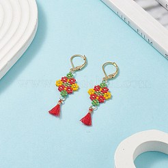グラスシード編み込みひし形コットンタッセル付きダングルフレンチフックピアス  女性用ゴールド 304 ステンレススチール ロングドロップイヤリング  カラフル  51mm  ピン：0.8mm&nbsp;EJEW-MZ00042