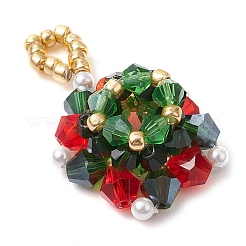 クリスマスガラスペンダント  シードビーズとプラスチックパール付き  クリスマスリース  グリーン  38x24.5x10mm  穴：5mm&nbsp;PALLOY-JF03010-01