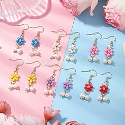 6ペア6色のシェルパールビーズとガラスシードダングルイヤリング  女性用304ステンレスジュエリー  花  ゴールドカラー  ミックスカラー  46x12.5mm  1ペア/カラー&nbsp;EJEW-MZ00310