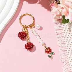 ABSプラスチック模造真珠＆合金エナメル＆合成サンゴキーホルダー  鉄のリング付き  花  ゴールドカラー  93mm&nbsp;KEYC-JKC01103