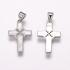 真鍮製マイクロパヴェキュービックジルコニアペンダント  白シェルと  クロス  プラチナ  21.5x14x2mm  穴：3.5x4.5mm&nbsp;ZIRC-F057-02B