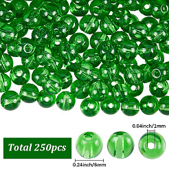 250個ガラス丸ビーズ  グリーン  6mm  穴：1mm&nbsp;GLAA-SP0001-49C