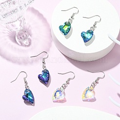 ハートファセットガラスダングルイヤリング  女性用プラチナトーン真鍮イヤリング  ミックスカラー  39x18mm&nbsp;EJEW-JE05325