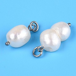 天然バロックケシ真珠養殖淡水真珠ペンダント  真鍮の丸カン付きナゲットチャーム  プラチナ  貝殻色  15~20.5x8.5~9x6.5~9mm  穴：3mm&nbsp;PEAR-Q013-01C