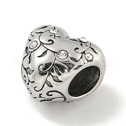 304ステンレススチールラインストーンヨーロピアンビーズ  大穴ビーズ  ハート  アンティークシルバー  10.5x11.5x8.5mm  穴：4.5mm&nbsp;STAS-U005-07P