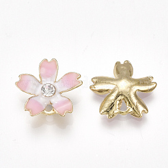 合金チャーム  エナメルとラインストーン付き  さくら  クリスタル  ライトゴールド  ピンク  14x15x3mm  穴：1.2mm&nbsp;PALLOY-S177-11D