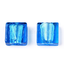 手作り銀箔ランプワークビーズ  正方形  ドジャーブルー  12x12x6mm&nbsp;FOIL-S006-12x12mm-08