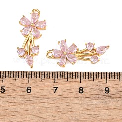 真鍮製マイクロパヴェキュービックジルコニアペンダント  花のチャーム  18KGP本金メッキ  ピンク  25x11x3mm  穴：1.4mm&nbsp;CU-CBA7392-12G-02