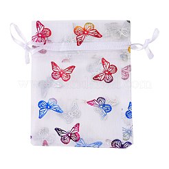 長方形プリント オーガンジー 巾着バッグ  カラフルな蝶の模様  ホワイト  12x9cm&nbsp;CON-PW0001-057A