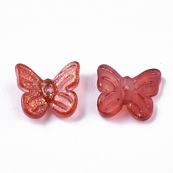 透明スプレー塗装ガラスチャーム  金色の箔付き  蝶  レッド  10x11x3mm  穴：1.2mm&nbsp;GLAA-N035-08A-B05