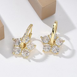 花の形のクリアキュービックジルコニアフープピアス  ラックメッキ真鍮ダングルイヤリング女性用  長持ちメッキ  鉛フリー＆カドミウムフリー  18KGP本金メッキ  24mm  ピン：0.8mm&nbsp;EJEW-F310-03G