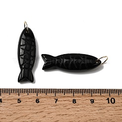 天然黒曜石の彫刻ペンダント  魚のチャーム  304ステンレススチール製丸カン付き  ゴールドカラー  33.5~34.5x10.5x7~7.5mm  穴：7mm&nbsp;G-G314-01G-07