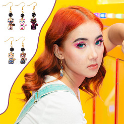 10ペア5色ラックメッキ合金猫型ダングルイヤリング  アクリルビーズ付き  ミックスカラー  56x14.5mm  2ペア/カラー&nbsp;EJEW-TA0001-32