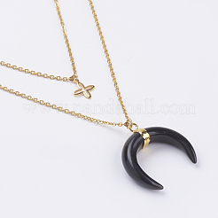 宝石のペンダントネックレス  304ステンレススチール製金具付き  十字架と二重の角/三日月  ゴールドカラー  15.9インチ（40.6cm）&nbsp;NJEW-JN02070