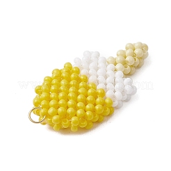 ガラスシードビーズのアイスサッカーペンダント  304ステンレススチールオープン丸カン付き  きいろ  33x17.5x5.5mm  穴：2.5mm&nbsp;PALLOY-CJ00147