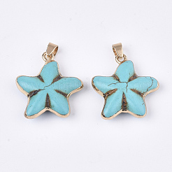 合成ターコイズペンダント  鉄パーツ  染め  花  ゴールドカラー  27~30x26~29x9~10mm  穴：4.5x6mm&nbsp;G-S344-78