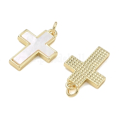 ラックメッキ真鍮と白い貝殻のペンダント  クロスチャーム  カドミウムフリー＆鉛フリー  18KGP本金メッキ  23x15x2mm  穴：3.5mm&nbsp;SH-CBA6629-34G