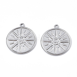 変色しない201ステンレススチールペンダント  太陽とフラットラウンド  ステンレス鋼色  29x25x2mm  穴：2mm&nbsp;STAS-N098-074P