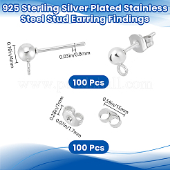 304ステンレススチールスタッドピアス金具100個  ピアスキャッチとカン付き  銀  15x7mm  穴：1.7mm  ピン：0.8mm&nbsp;STAS-BBC0006-07S