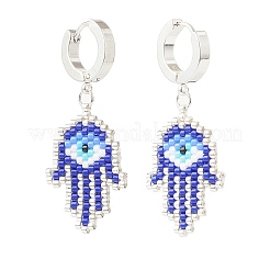 Glass Seed Braided Hamsa Hand with Evil Eye Dangle Hoop Earrings&nbsp;EJEW-MZ00008