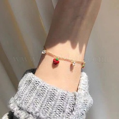 Brass Micro Pave Cubic Zirconia Strawberry Charm Bracelets for Women&nbsp;WH-WG7C0FD-01