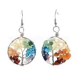 Natural & Synthetic Mixed Gemstone Chips Braided Ring with Tree of Life Dangle Earrings&nbsp;EJEW-JE04878-02