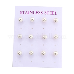 プラスチック模造パールスタッドピアス  304ステンレススチールピンとイヤーナット付き  丸いボール  ミックスカラー  6mm  ピン：0.6mm  6のペア/カード&nbsp;STAS-D0001-03-A