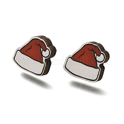 クリスマスプリントの木製スタッドピアス（女性用）  316ステンレスピン付き  プラチナ  帽子  13.5x14mm  ピン：0.6mm&nbsp;EJEW-U025-01H