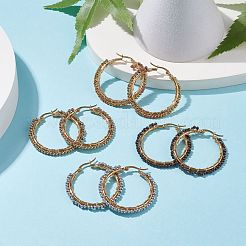 ガラス編みの大きなフープピアス  女性用ゴールデン 304 ステンレス ワイヤー ラップ イヤリング  ミックスカラー  39x2.5mm  ピン：0.6mm&nbsp;EJEW-JE04907