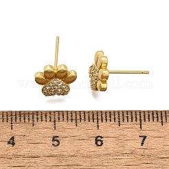 クリアキュービックジルコニア ドッグクロープリント スタッドピアス  女性のためのラックメッキ真鍮ジュエリー  カドミウムフリー＆鉛フリー  18KGP本金メッキ  9.5x10mm  ピン：0.7mm&nbsp;EJEW-C035-02G