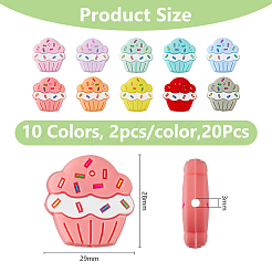 20個 10色カップケーキ食品グレードの環境に優しいシリコンビーズ  ミックスカラー  29x28mm  穴：3mm  2個/カラー&nbsp;SIL-DC0001-71