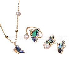 真鍮キュービックジルコニア、アワビ貝、模造真珠のジュエリーセット  イヤリング＆ネックレス＆リング  蝶  アクアマリン  450mm&nbsp;FS-WG1B634-01