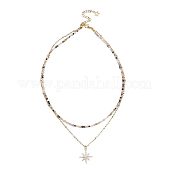 Brass Micro Pave Cubic Zirconia Star Pendant Natural Multicolor Tourmaline Faceted Round Beaded & 304 Stainless Steel Satellite Chain Double Layer Necklaces&nbsp;NJEW-JN05467