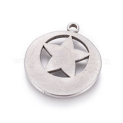 変色しない304ステンレススチールペンダント  ウィッカペンダント  スターとフラットラウンド  ステンレス鋼色  29x26x2.5mm  穴：2.4mm&nbsp;X-STAS-L226-048P