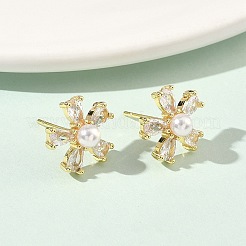 花の真鍮キュービックジルコニアスタッドピアス  absプラスチックパール  カドミウムフリー＆鉛フリー  長持ちメッキ  ラックめっき  18KGP本金メッキ  透明  13.5x14mm&nbsp;EJEW-P336-06G-02